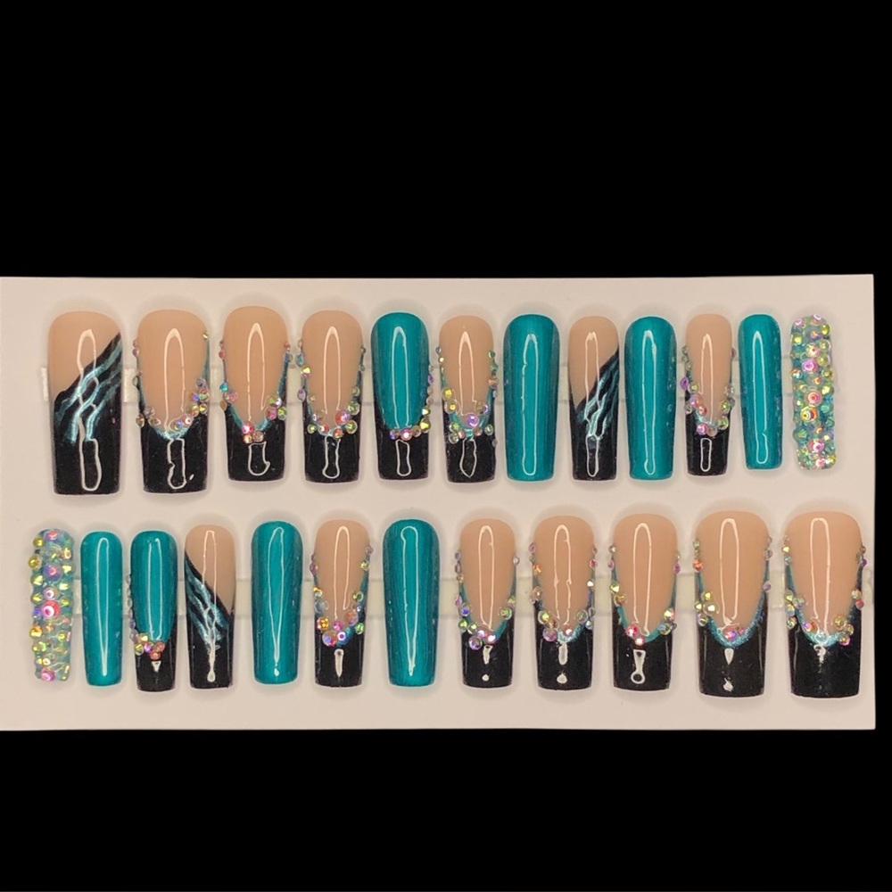Custom Press on Nails Handmade Long Square French Tip Nails Black Blue & Bling
